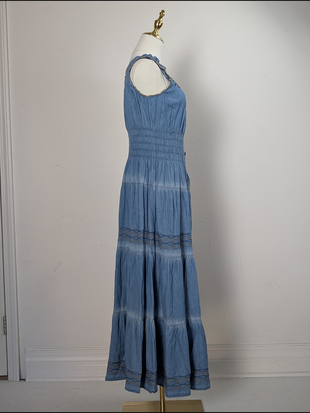 Boho Lapis Blue Chambray Smocked Tiered Maxi Dress in Blue - Picture 2 of 5